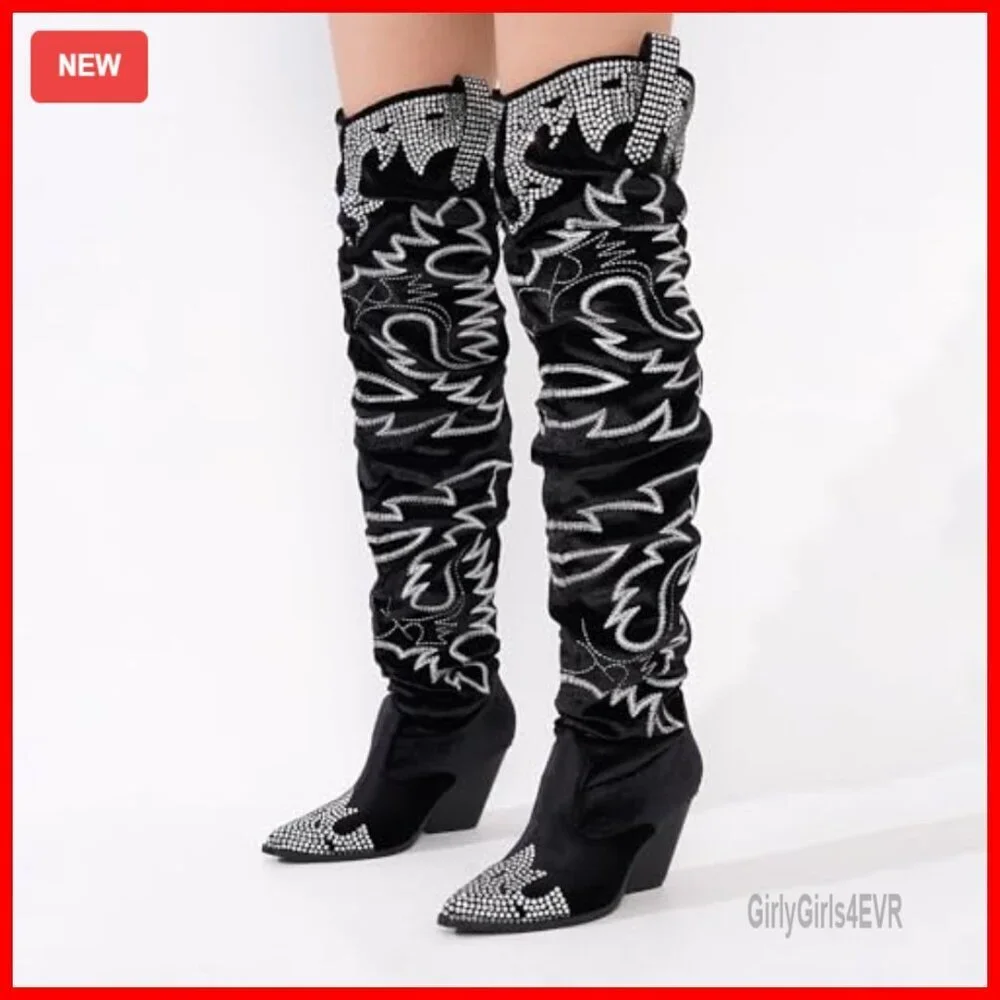 Rhinestone Embroidered Thigh High Cowboy Boots Wide Calf 3 Inch Heel